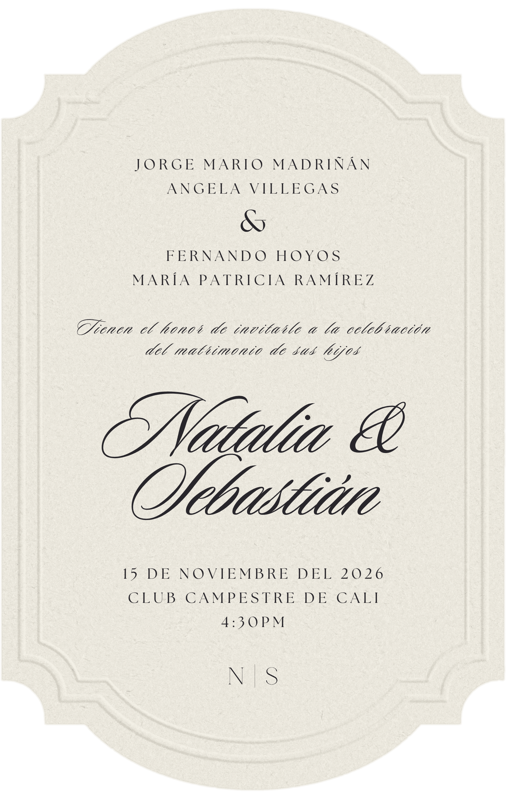 Jorge Mario Madriñán, Ángela Villegas, Fernando Hoyos y María Patricia Ramírez invitan al matrimonio de Natalia y Sebastián, el 15 de noviembre de 2026 a las 4:30 p. m. en el Club Campestre de Cali.